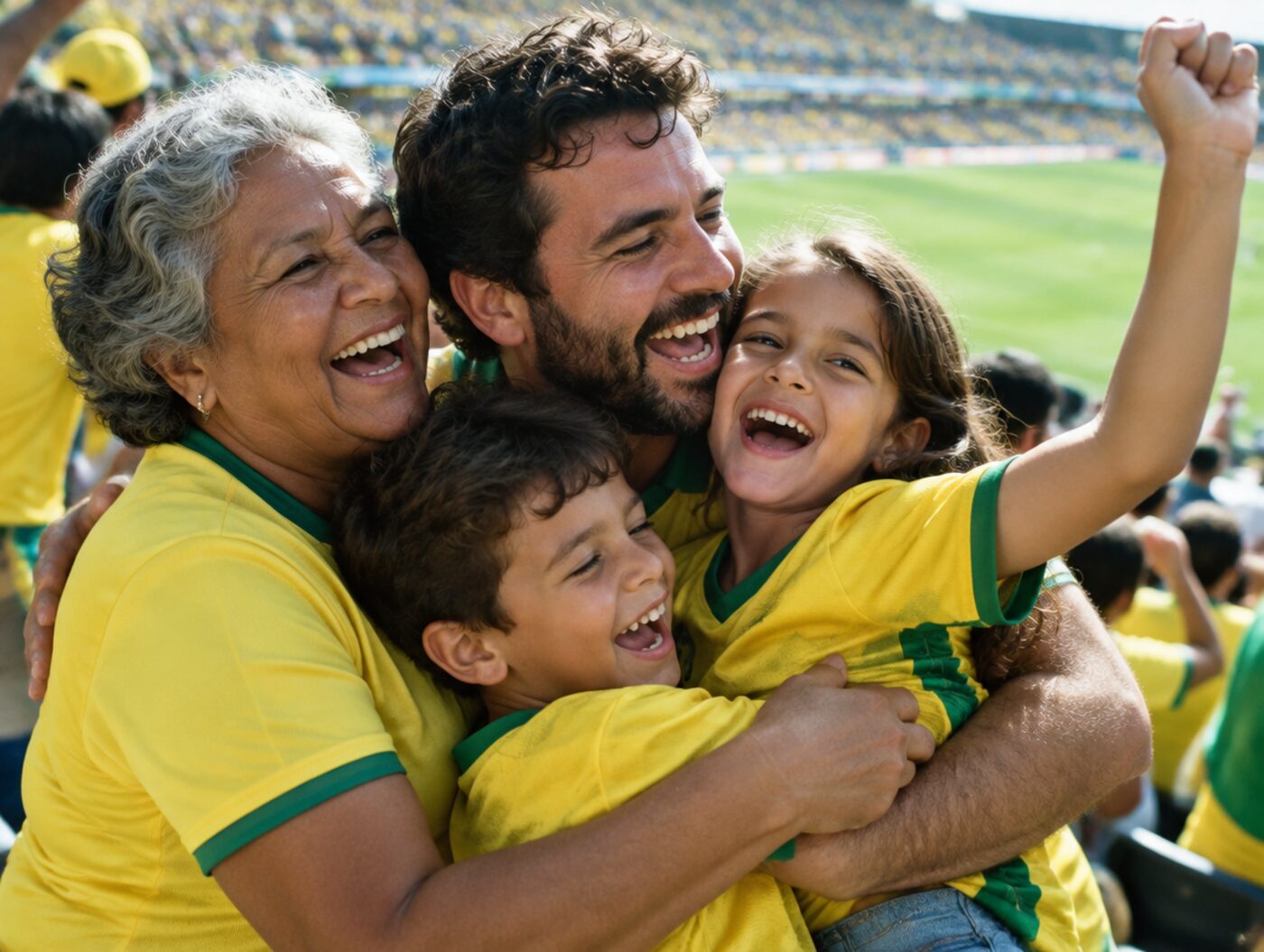 Família com camisas verde e amarela comemora um gol na arquibancada