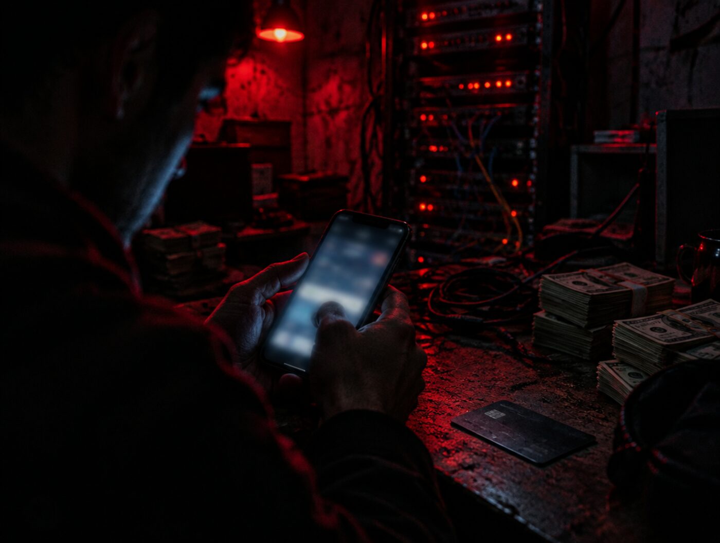 Mãos seguram um celular num quarto escuro, com dinheiro e luzes vermelhas ao fundo